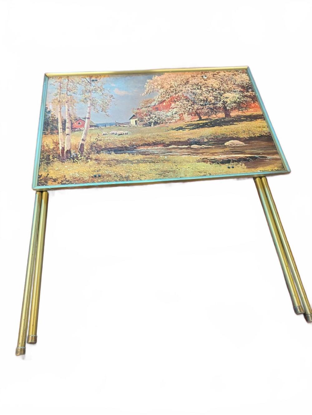 Vintage TV Tray with Scenic Farm Landscape Painting